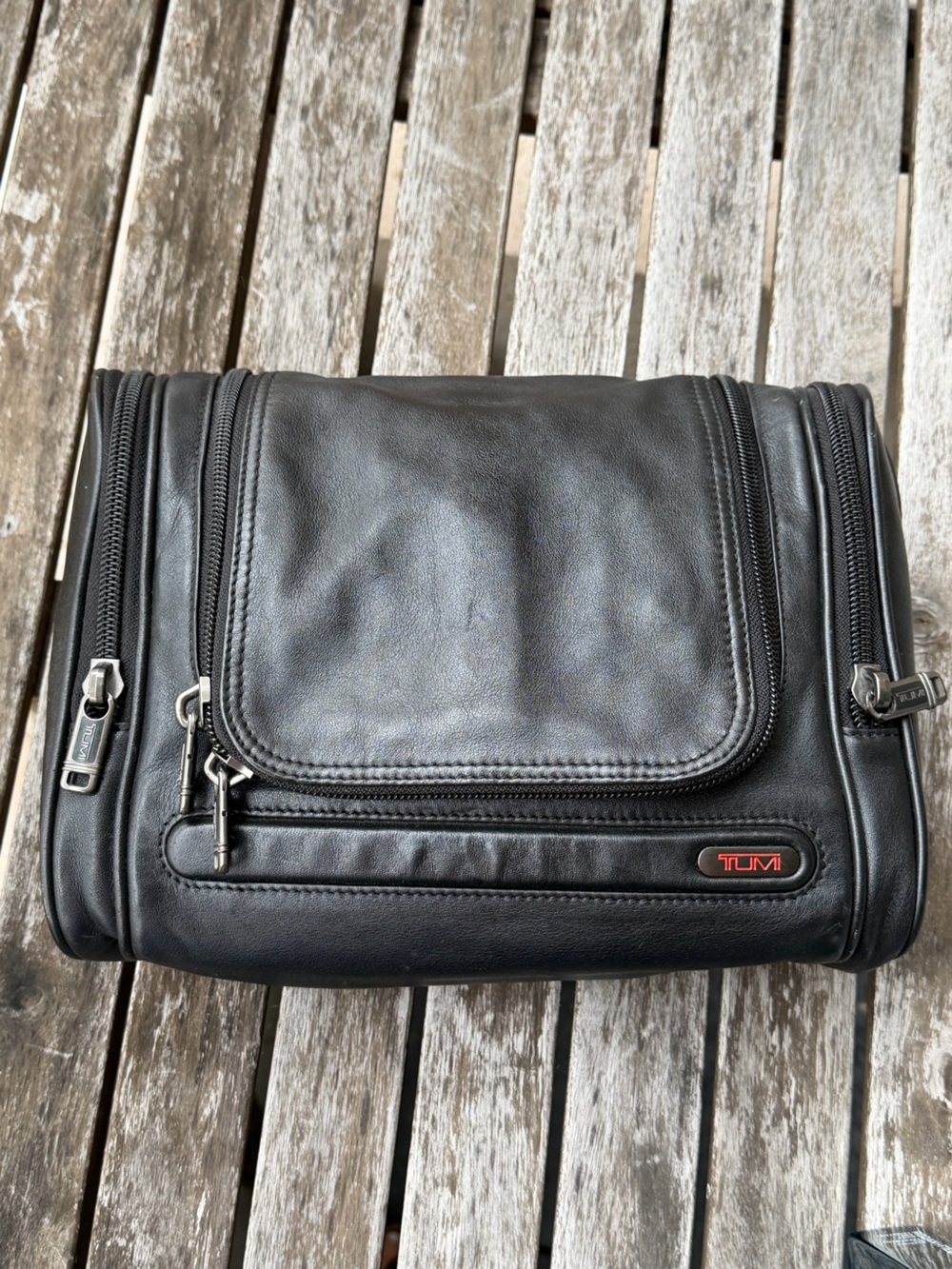 Tumi Black Leather Toiletry Kit with Zip Compartments